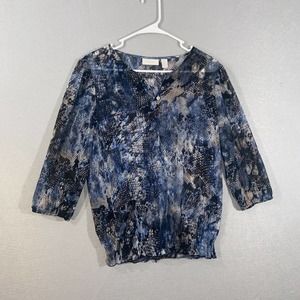 Chicos Blouse Womens 0 Black Blue Animal Print 3/4 Sleeve Sheer Buttons Fitted